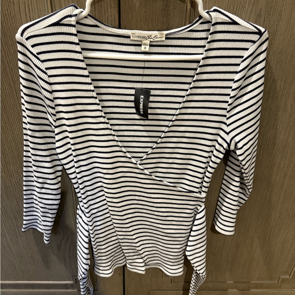 Express Black and White Striped Wrap Blouse